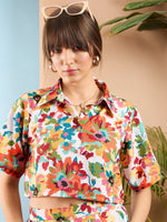 Women Orange Floral Crop Shirt With Pants