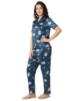 Smarty Pants Women's Silk Satin Teal Blue Color Mermaid Printed Night Suit