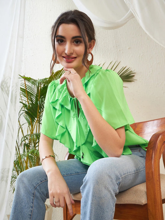 Women Green Short Sleeves Ruffle Top