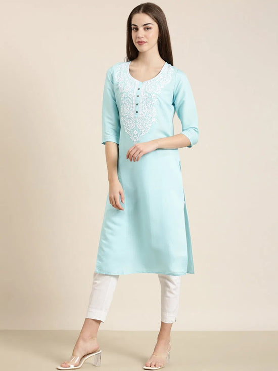 Women Blue Solid Straight Kurta-NJ-3570299-Blue