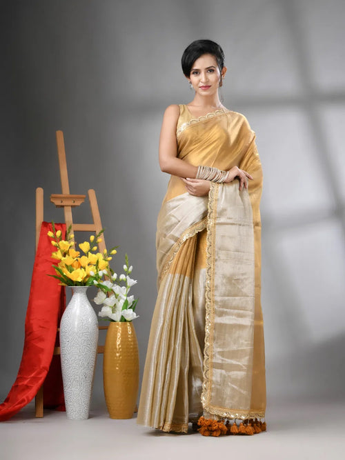 Golden And Silver Shimmer Tissue Saree With Gota Patti Borders-MA62TIS33990016