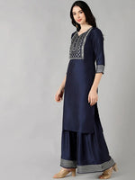 Ahika Women Navy Blue Solid Embroidered Kurta Sharara With Dupatta