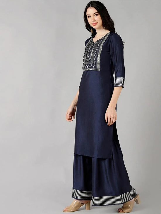 Ahika Women Navy Blue Solid Embroidered Kurta Sharara With Dupatta