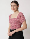 Pink Floral Print Smocking Crop Top