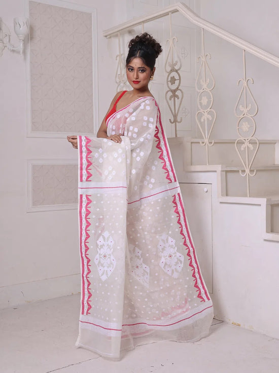 Off White Cotton Handwoven Jamdani Saree-MA64JM401380031