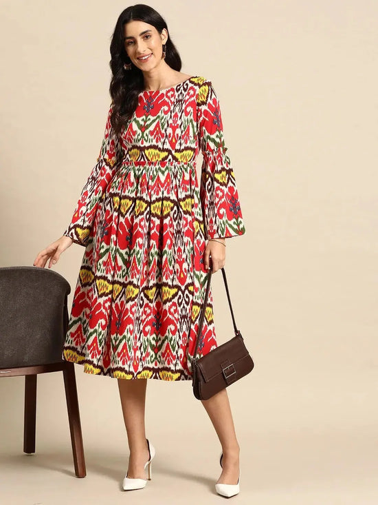 Midi Dress with bell sleeve in Red and Cream Ikkat Print