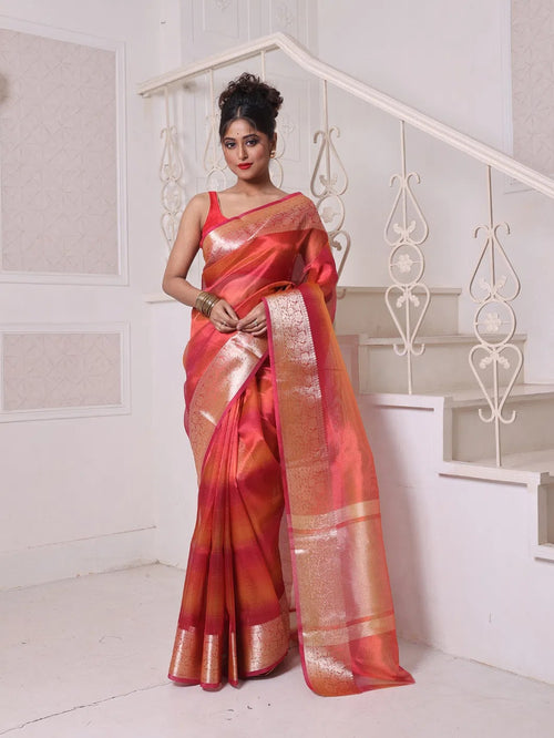 Red Dual-Tone Tissue Saree With Zari Borders-MA64TIS46610001