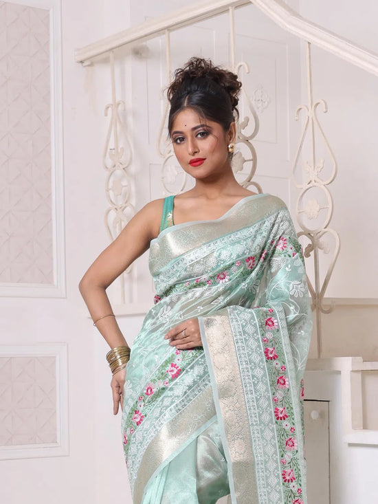 All Over Thread Embroidery Mint Green Tissue Saree With Zari Borders-MA64TIS461600005