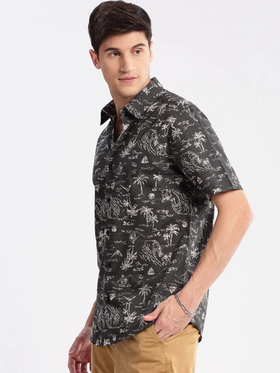 Men Spread Collar Floral Grey Casual Shirt-HARVEN-2322-Grey