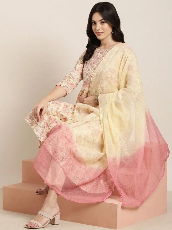 Women Anarkali Cream Floral Kurta and Trousers Set Comes With Dupatta-BC-SK-1789-Cream