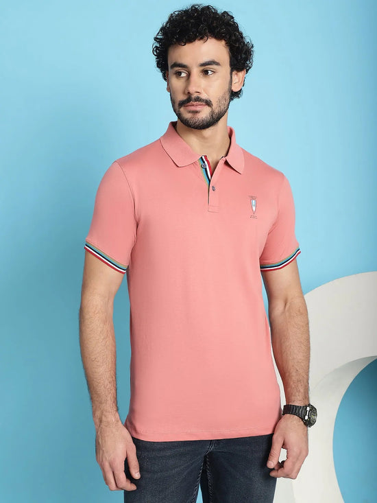 Venitian Men Double Mercerised Solid Polo Neck Pink T-Shirt for Men