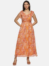 Floral Orange Tie-up Detailed Maxi Dress-17350