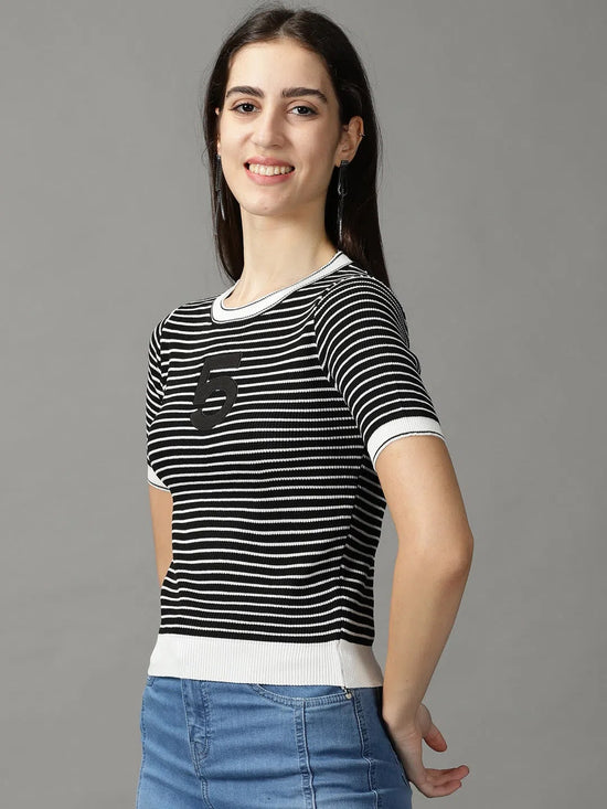 Women's Black Striped Fitted Top-RY-3179-Black