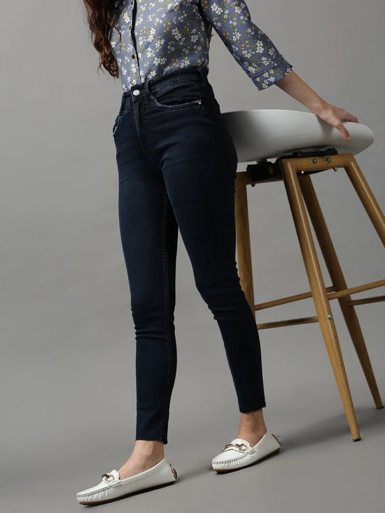 Women's Navy Blue Solid Slim Fit Denim Jeans-GZ-5169-2-Navyblue