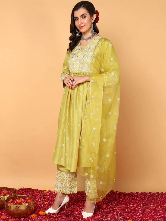 Ahika Women Yellow Silk Blend Solid Yoke Design Flared Kurta Palazzos With Dupatta