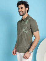 Venitian Men All Over Printed Olive Cotton Polo Neck T-Shirt