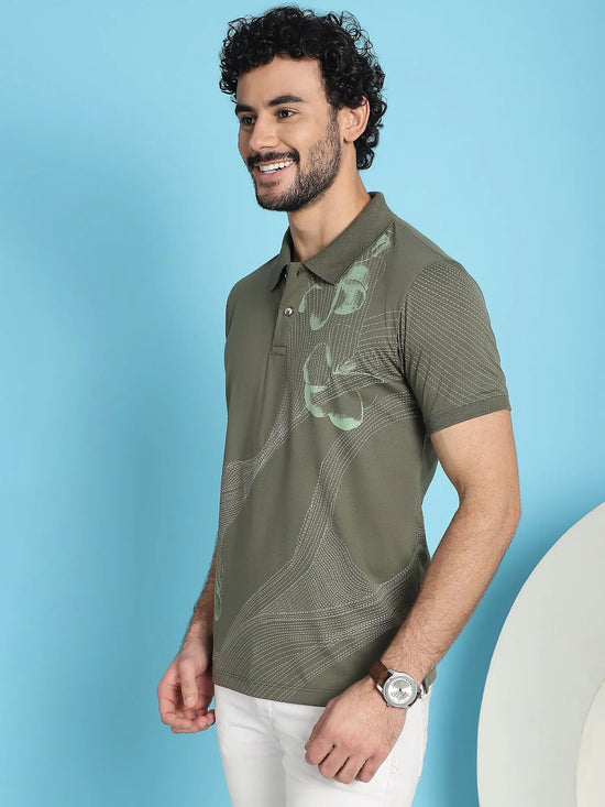 Venitian Men All Over Printed Olive Cotton Polo Neck T-Shirt