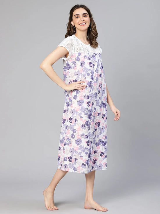 Sheer Multicolor Floral Print Laced Women Cotton Nightwear Dress