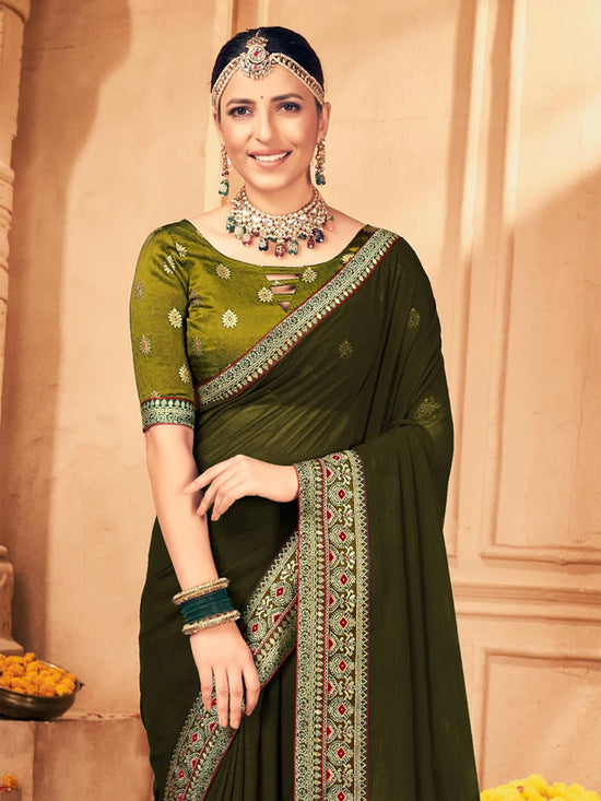 Saree Mall Women's Georgette Olive Embellished Designer Saree With Blouse Piece-VIRAT105