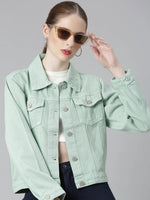 Women Sea Green Solid Denim Jacket-GZ-5598-1-Seagreen