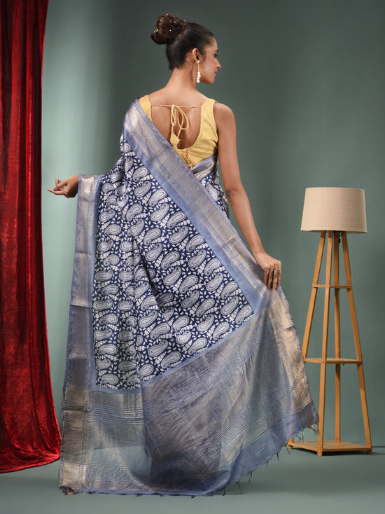 Midnight Blue Blended Silk Handwoven Ajrakh Print Saree-MA50BSL34830025