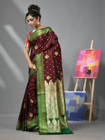 Maroon Silk Banarasi Saree With Ethnic Motifs And Woven Designs-MA52BSL44910102