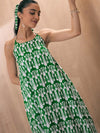 Women Green & White Ikat Halter Neck Loose Tiered Maxi