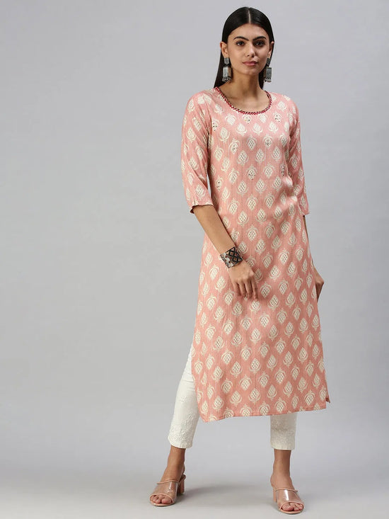 Women's Peach Printed Straight Kurta-SKC3176-Peach