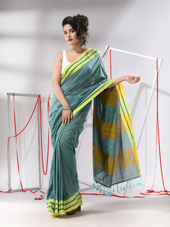 Teal Cotton Saree With Stripe Solid Border-MA55CT06520073