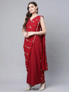 Ahalyaa Women Maroon Crepe Georgette Printed Saree Dress With Printed Pallu