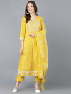 Ahika Women Yellow Rayon Embroidered Anarkali Kurta Pant Set With Dupatta