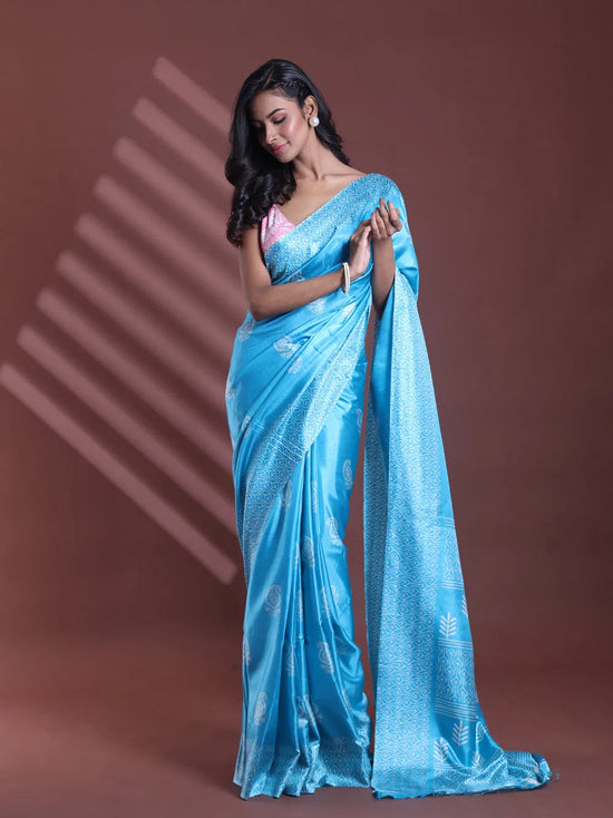 Sky Blue Silk Soft Saree With Paisley Print-MA60BSL01400048