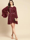 Flared mini dress with belt in Maroon