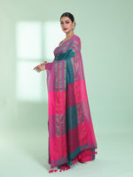 Teal Cotton Saree With Zari Border-MA59CT06530053