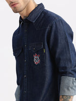 Men Spread Collar Denim Solid Navy Blue Casual Shirt-BARN-2217-Navyblue