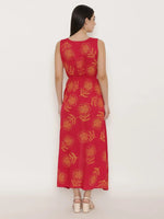 Block Printed Front overlap Maxi dress in Red