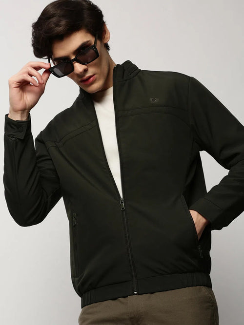 Men Green Solid Casual Bomber Jackets-ZD-3002-Olive