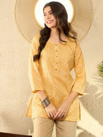 Ahika Women Yellow Cotton Blend Blend Bandhani Printed Regular Tunic-VT1287