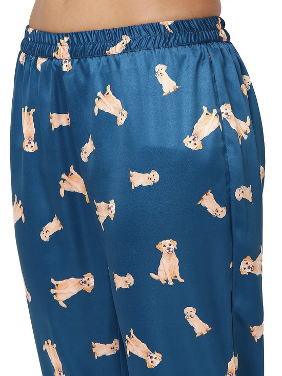 Smarty Pants Women's Silk Satin Teal Blue Color Dog Print Night Suit