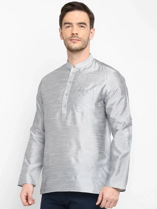 Hangup Men Standard Solid Men's Indian Wear-Grey_Dupion_Patch_ShortKurta