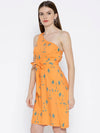 One shoulder overlap cross tie Printed Dress in Peach