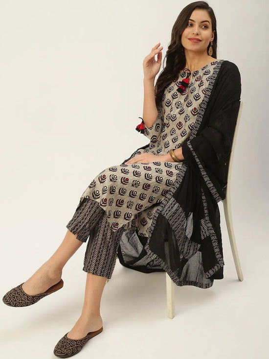 Women's Grey Printed Kurta Sets-FS-2198-Grey