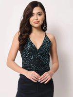 Blue Sequin Deep Neck Top