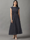 Women's Blue Polka Dots Fit and Flare Dress-AE-15690-Navyblue