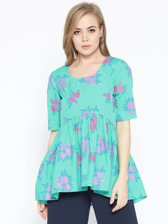 Floral printed top with flare in Mint Green