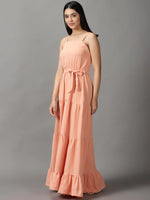 Women's Peach Solid Fit and Flare Dress-AE-15659-Peach