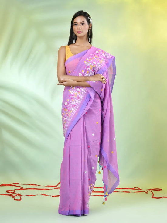 All Over Thread Floral Embroidery Violet Cotton Saree-MA62CT33610069