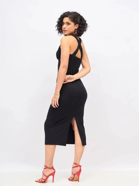 Women Black Halter Neck Bodycon Dress