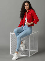 Women's Red Solid Denim Jacket-AE-9511-Red