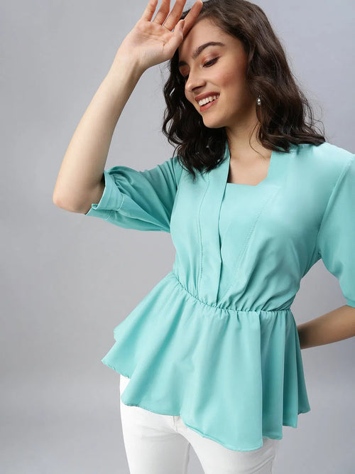 Women's Blue Solid Top-SH-6195-Turquoiseblue